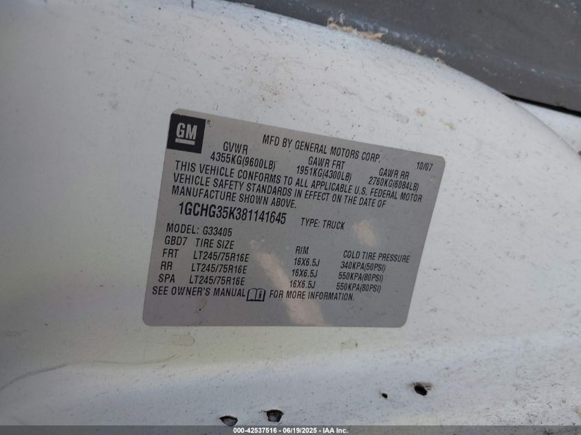 2008 Chevrolet Express Work Van VIN: 1GCHG35K381141645 Lot: 42537516