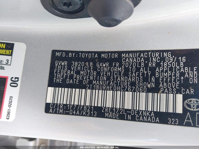 2017 TOYOTA COROLLA VIN: 2T1BURHE0HC767060