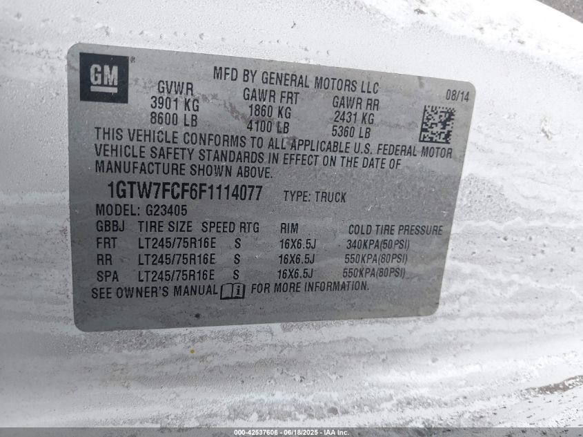 2015 GMC Savana 2500 Work Van VIN: 1GTW7FCF6F1114077 Lot: 42537606