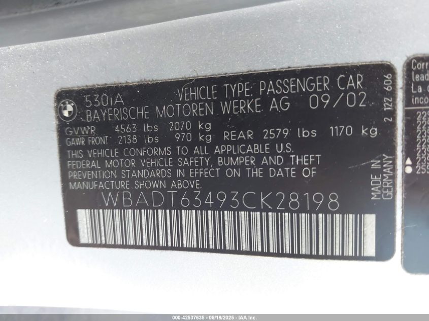 2003 BMW 530I VIN: 771996150981970 Lot: 42537635