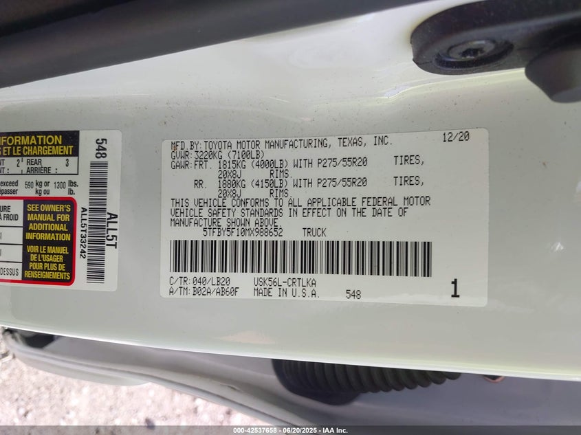 2021 TOYOTA TUNDRA LIMITED - 5TFBY5F10MX988652