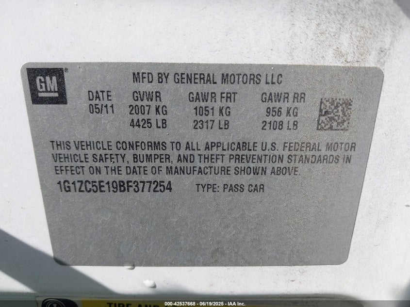 2011 CHEVROLET MALIBU VIN: 1G1ZC5E19BF377254