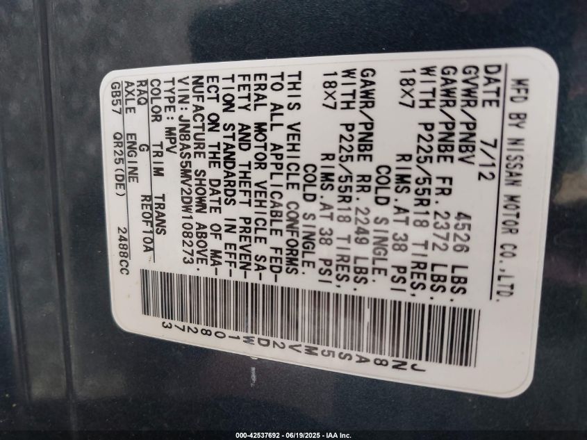 2013 Nissan Rogue Sv W/Sl Pkg VIN: JN8AS5MV2DW108273 Lot: 42537692