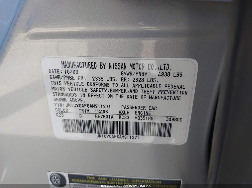 2010 INFINITI M35 VIN: JN1CY0AP6AM911271