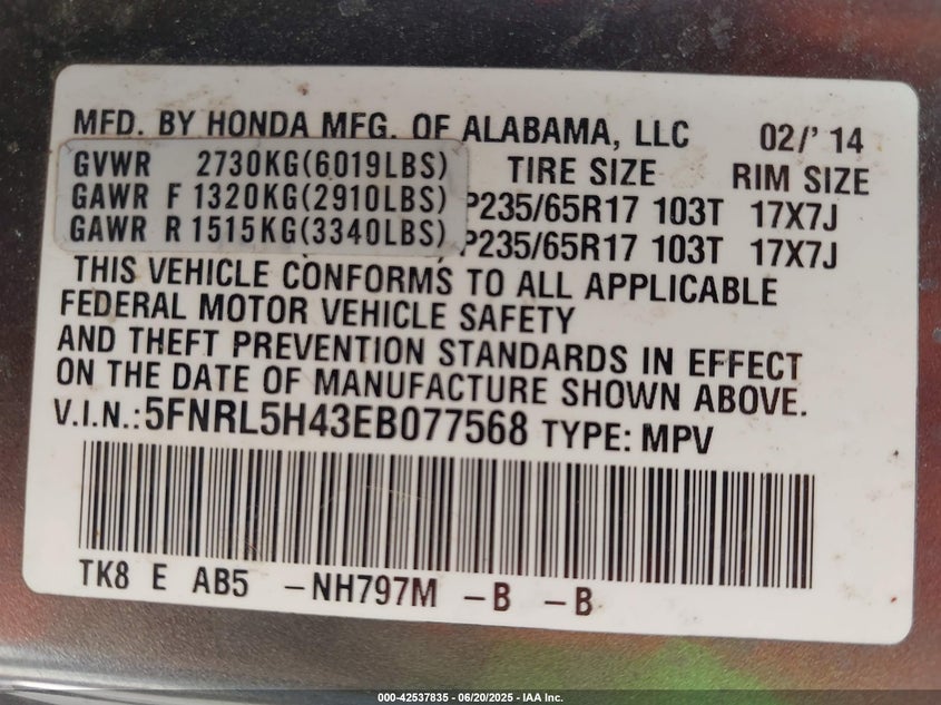 2014 Honda Odyssey Ex VIN: 5FNRL5H43EB077568 Lot: 42537835