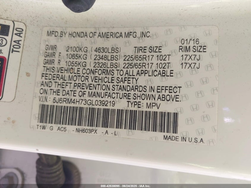 2016 HONDA CR-V EX-L - 5J6RM4H73GL039219