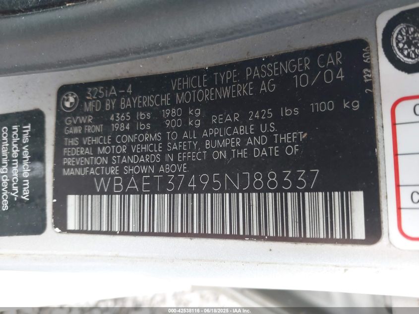 2005 BMW 325I VIN: WBAET37495NJ88337 Lot: 42538116