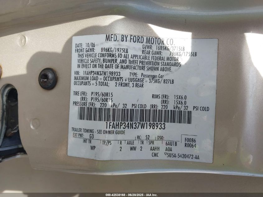 2007 Ford Focus S/Se/Ses VIN: 1FAHP34N37W198933 Lot: 42538168