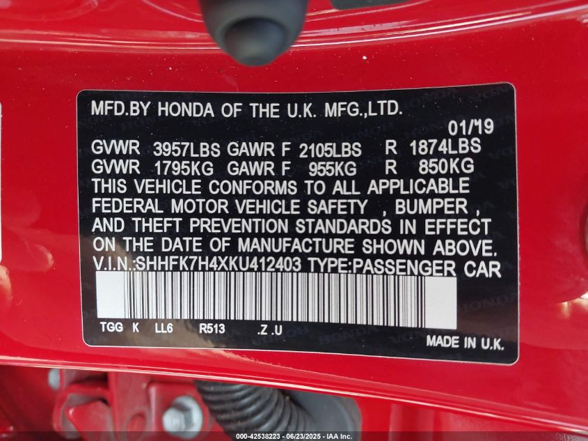 2019 Honda Civic Sport VIN: SHHFK7H4XKU412403 Lot: 42538223