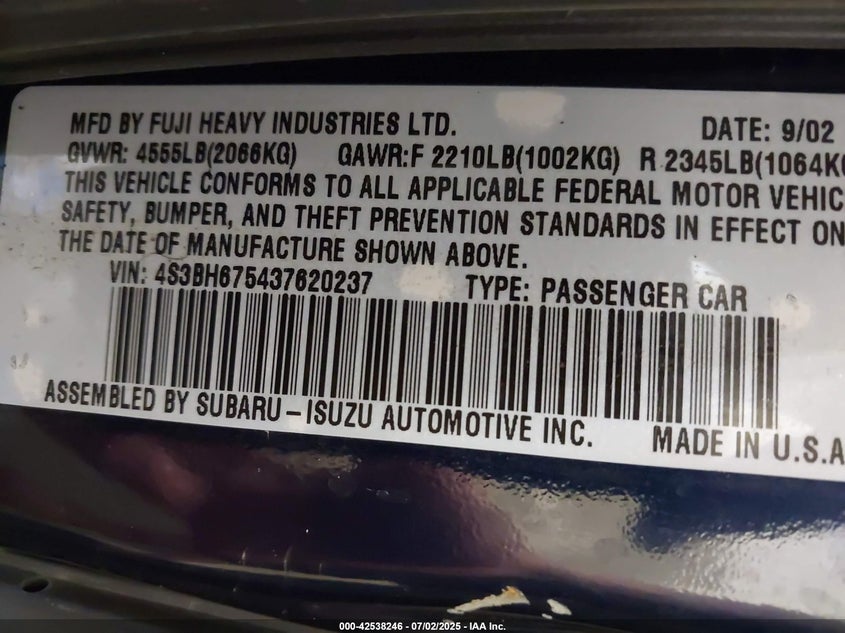 2003 Subaru Outback VIN: 4S3BH675437620237 Lot: 42538246