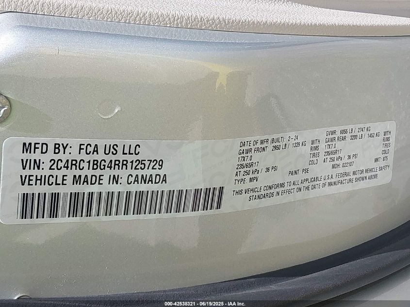 2024 Chrysler Pacifica Touring L VIN: 2C4RC1BG4RR125729 Lot: 42538321