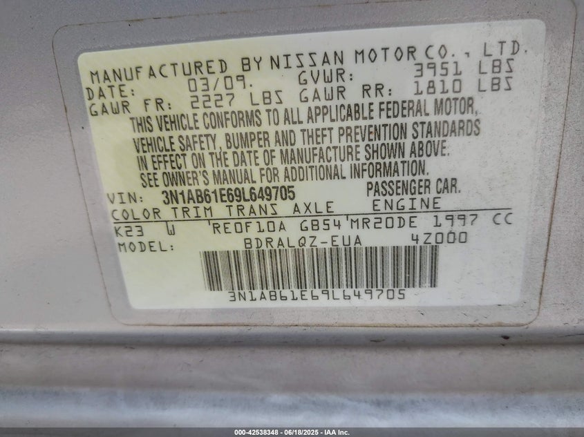 2009 NISSAN SENTRA VIN: 3N1AB61E69L649705