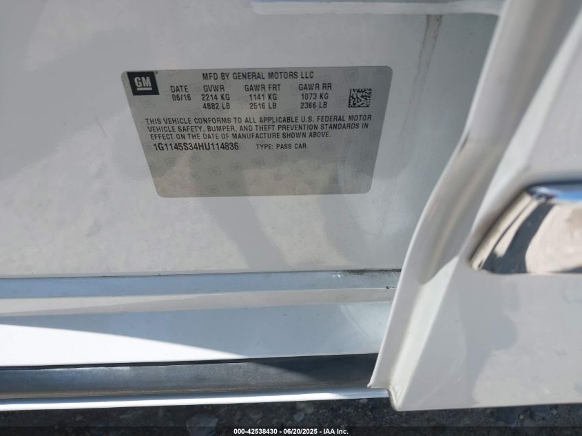 2017 Chevrolet Impala 2Lz VIN: 1G1145S34HU114836 Lot: 42538430