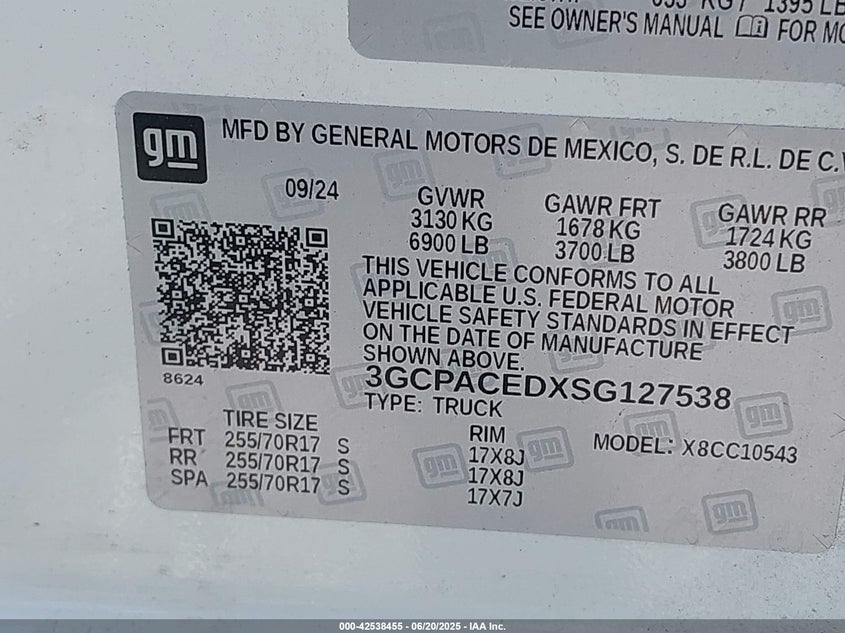 2025 CHEVROLET SILVERADO VIN: 3GCPACEDXSG127538