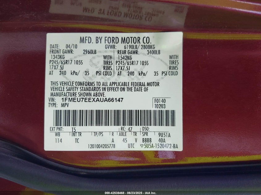 2010 FORD EXPLORER VIN: 1FMEU7EEXAUA66147