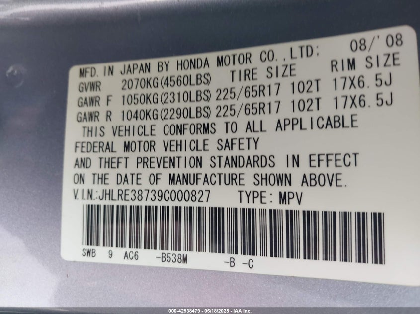 2009 HONDA CR-V VIN: JHLRE38739C000827