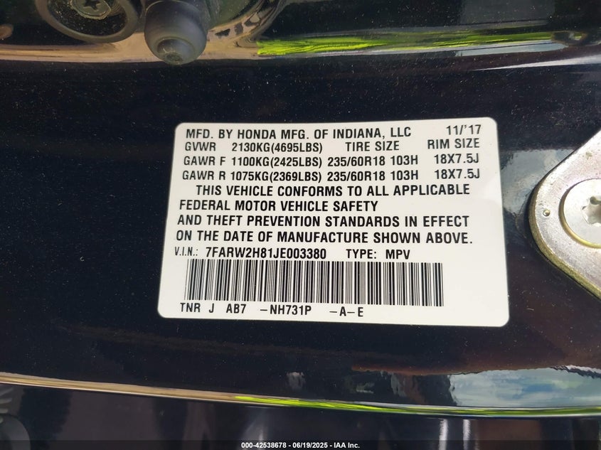 2018 HONDA CR-V EX-L/EX-L NAVI - 7FARW2H81JE003380