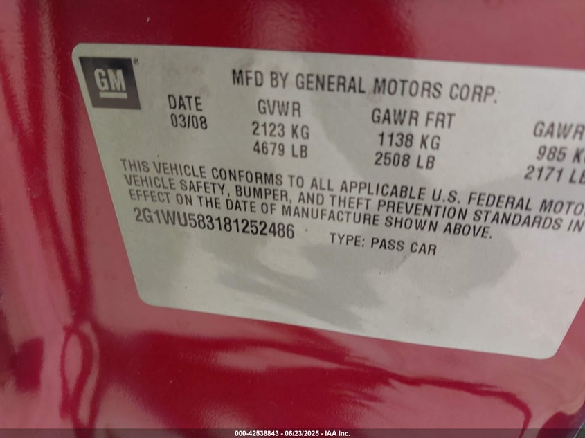 2008 CHEVROLET IMPALA VIN: 2G1WU583181252486