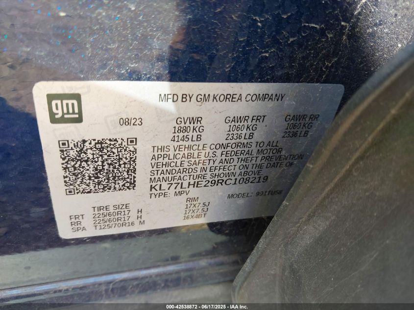 2024 Chevrolet Trax Fwd Lt VIN: KL77LHE29RC108219 Lot: 42538872