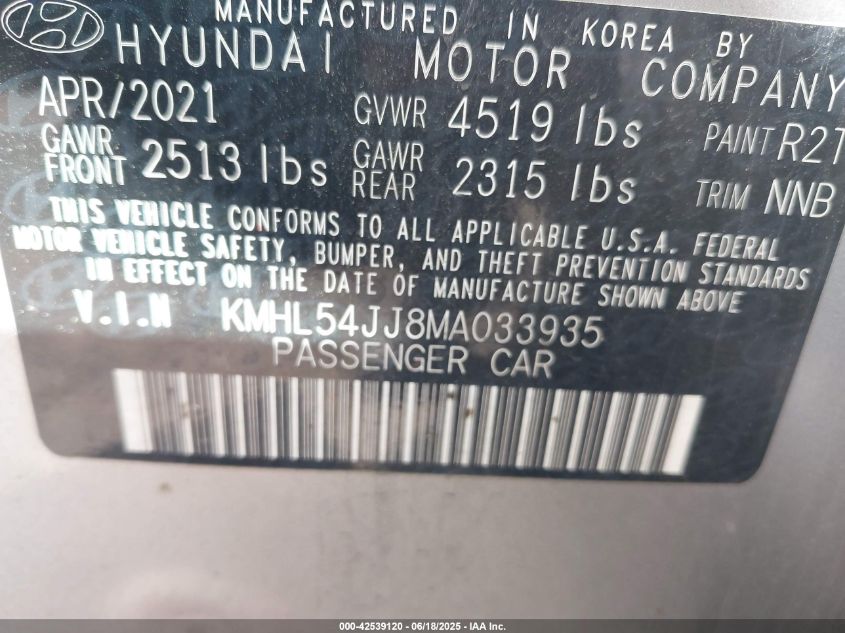2021 Hyundai Sonata Limited VIN: KMHL54JJ8MA033935 Lot: 42539120