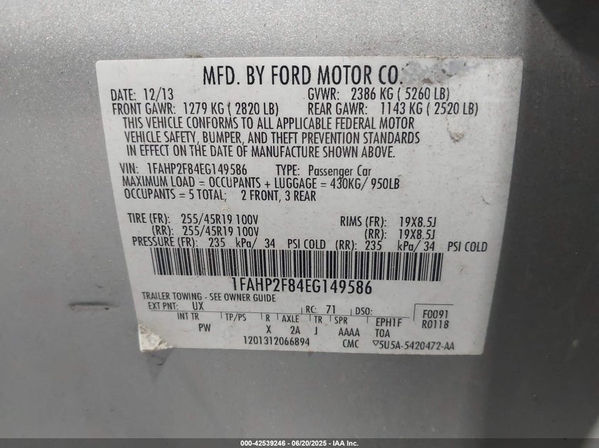 2014 FORD TAURUS VIN: 1FAHP2F84EG149586