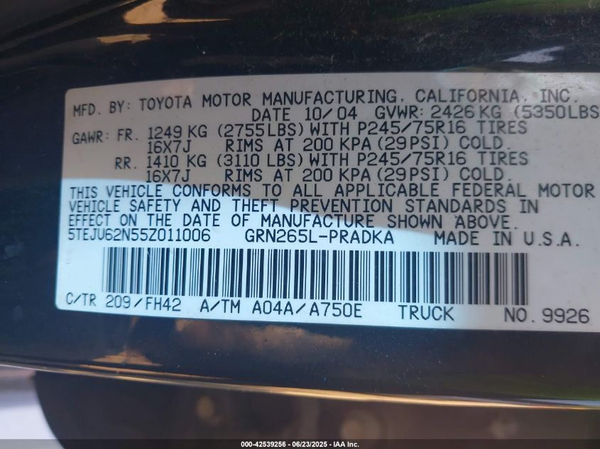 2005 Toyota Tacoma Prerunner V6 VIN: 5TEJU62N55Z011006 Lot: 42539256