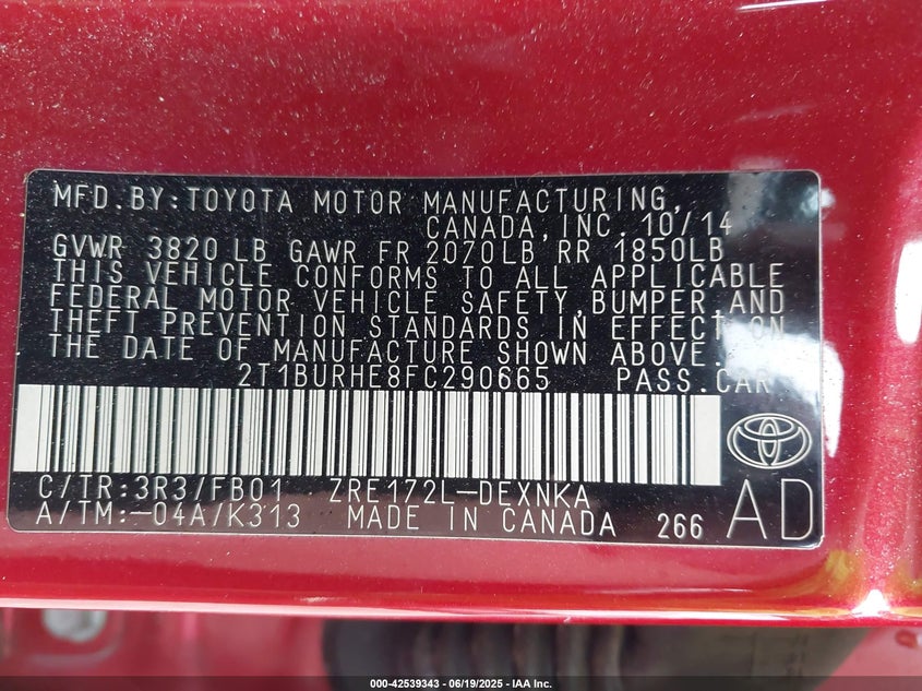2015 TOYOTA COROLLA VIN: 2T1BURHE8FC290665