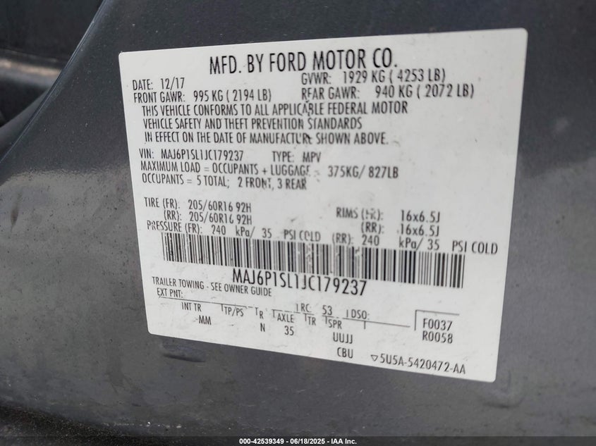 VIN MAJ6P1SL1JC179237 2018 FORD ECOSPORT S