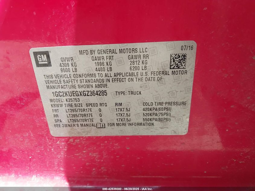 2016 Chevrolet Silverado 2500Hd Wt VIN: 1GC2KUEGXGZ364285 Lot: 42539380