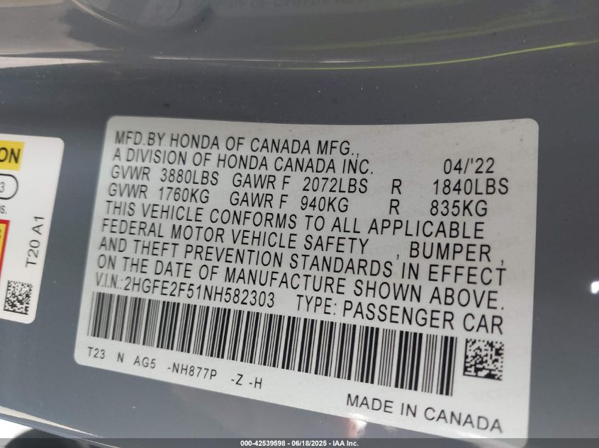 2022 Honda Civic Sport VIN: 2HGFE2F51NH582303 Lot: 42539598