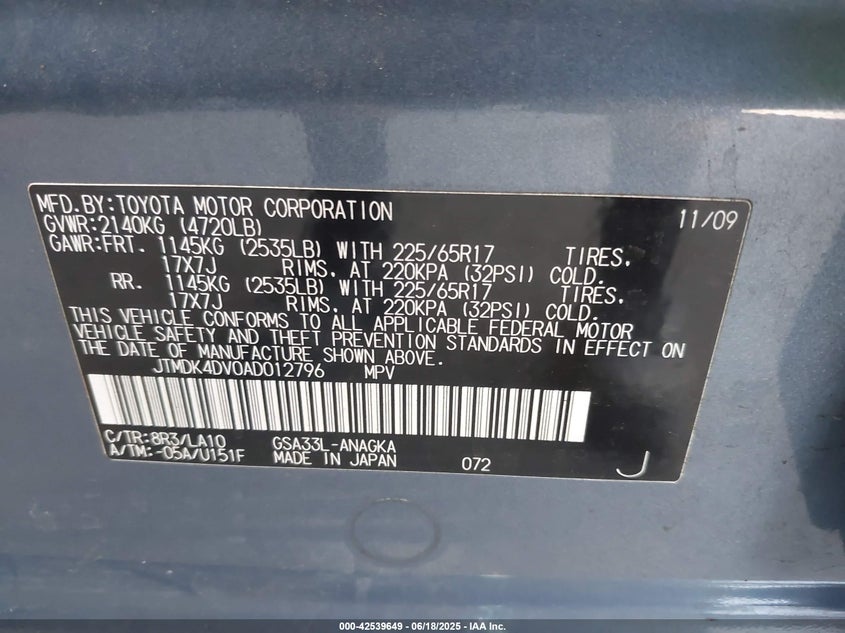 2010 TOYOTA RAV4 VIN: JTMDK4DV0AD012796