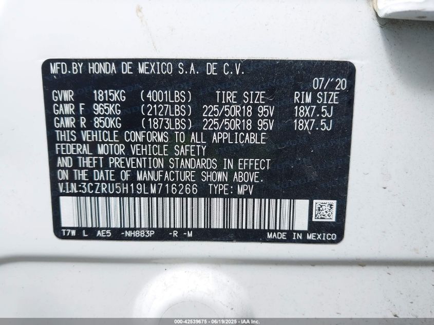 2020 Honda Hr-V 2Wd Sport VIN: 3CZRU5H19LM716266 Lot: 42539675