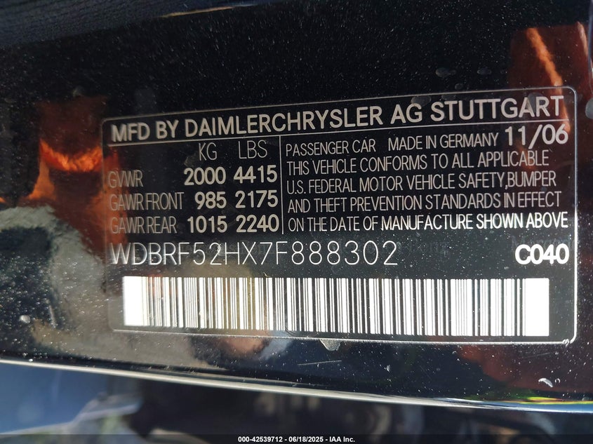 2007 MERCEDES-BENZ C 230 VIN: WDBRF52HX7F888302