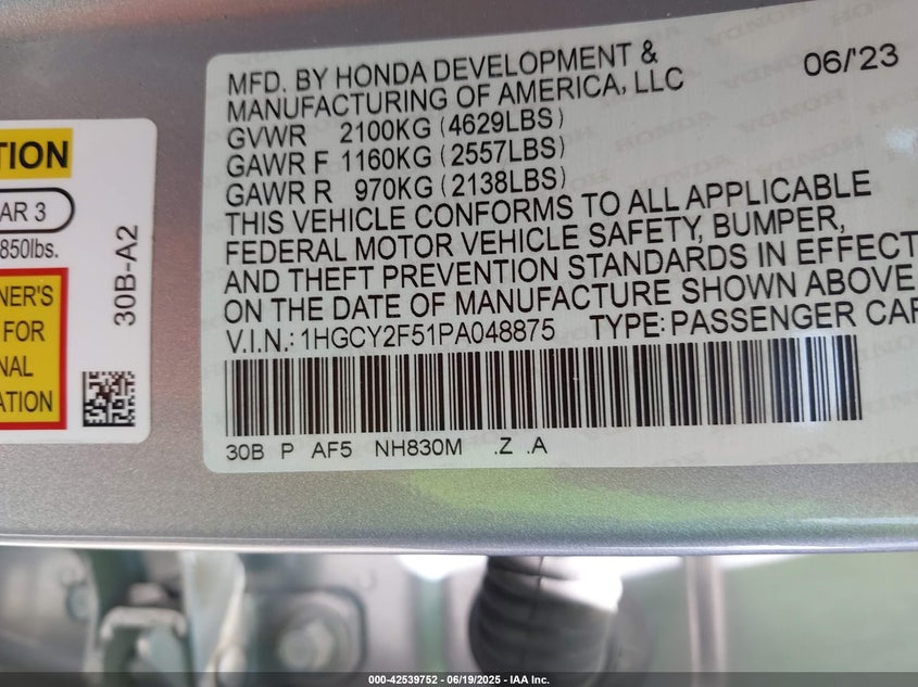 2023 Honda Accord Hybrid Sport VIN: 1HGCY2F51PA048875 Lot: 42539752