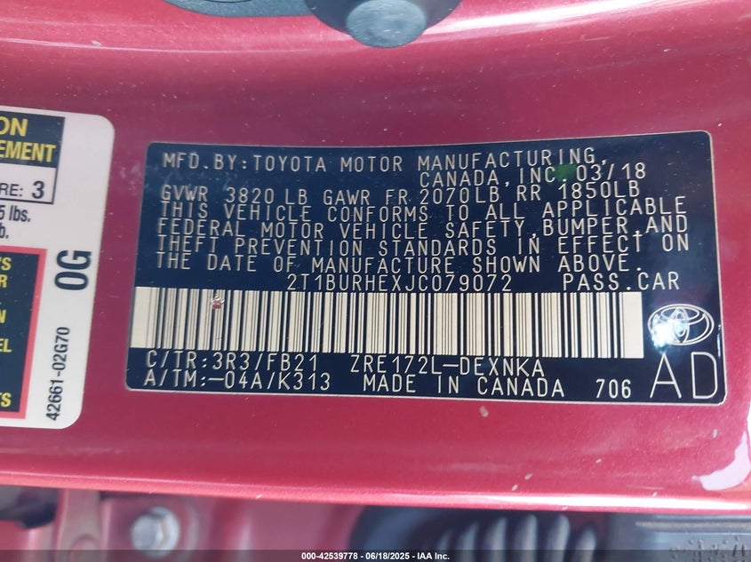 2018 TOYOTA COROLLA LE - 2T1BURHEXJC079072