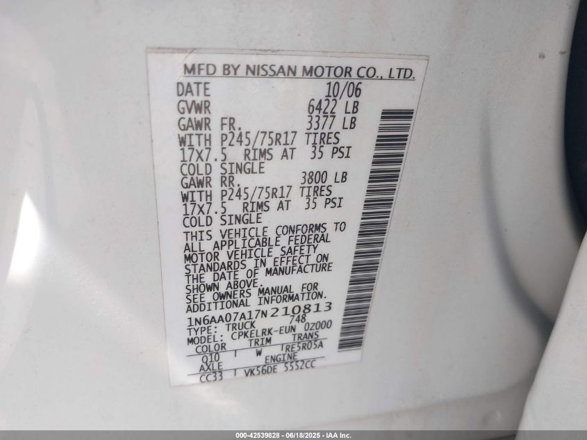 2007 Nissan Titan Xe VIN: 1N6AA07A17N210813 Lot: 42539828