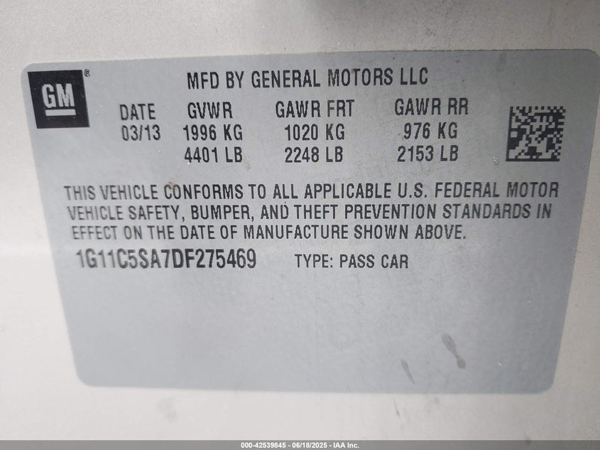2013 CHEVROLET MALIBU VIN: 1G11C5SA7DF275469