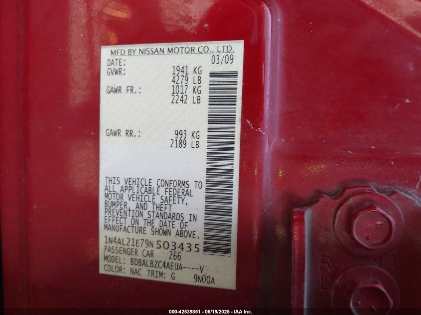 2009 Nissan Altima 2.5 S VIN: 1N4AL21E79N503435 Lot: 42539851