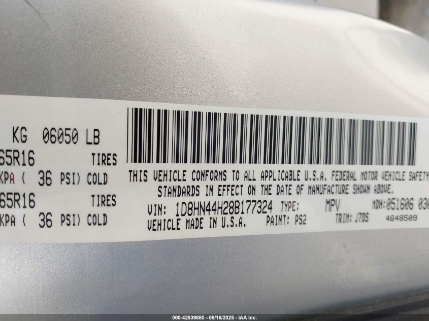 2008 Dodge Grand Caravan Se VIN: 1D8HN44H28B177324 Lot: 42539880