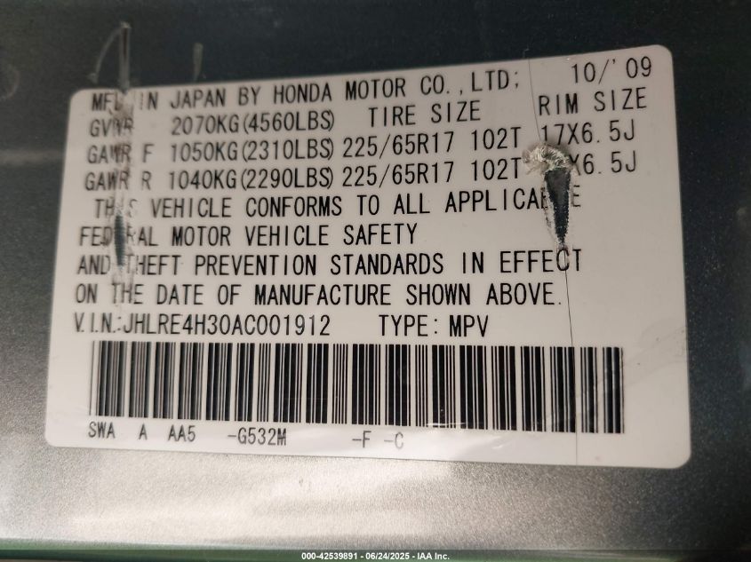 2010 Honda Cr-V Lx VIN: JHLRE4H30AC001912 Lot: 42539891