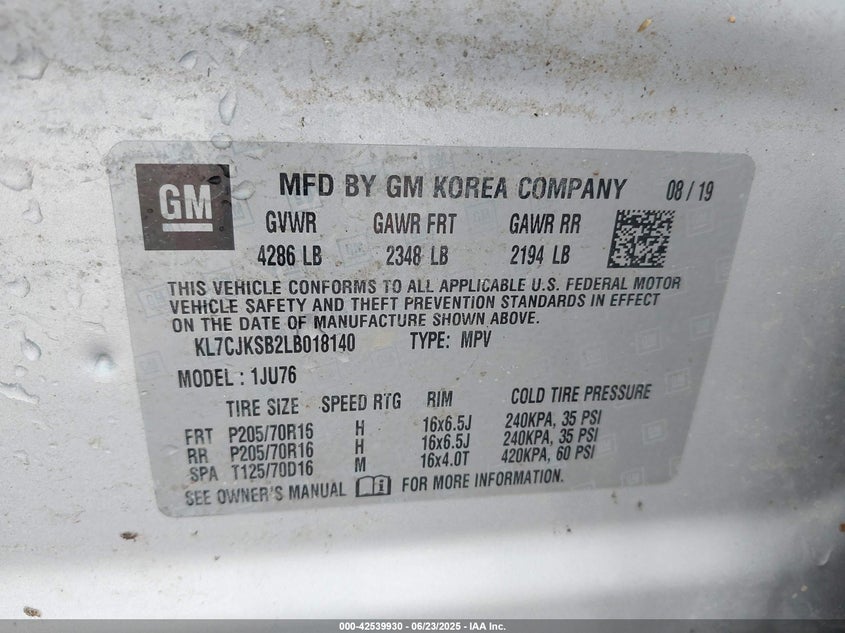 VIN KL7CJKSB2LB018140 2020 CHEVROLET TRAX FWD LS
