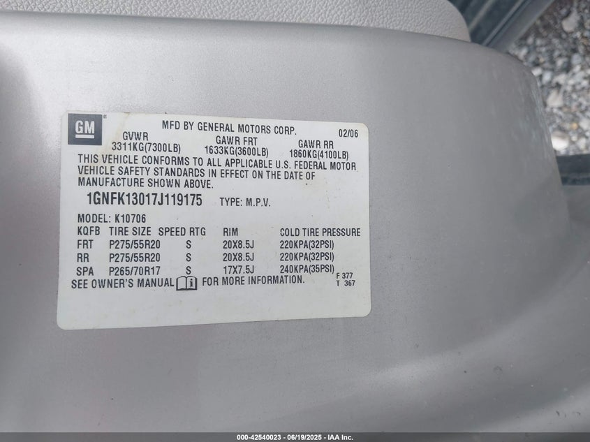 2007 CHEVROLET TAHOE VIN: 1GNFK13017J119175