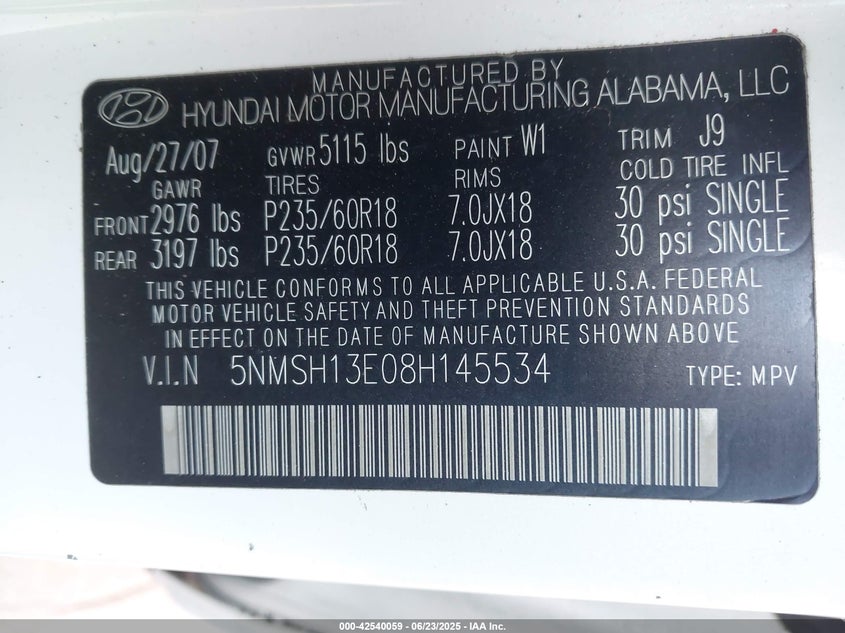 2008 HYUNDAI SANTA FE VIN: 5NMSH13E08H145534