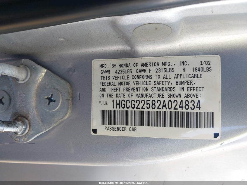 2002 Honda Accord 3.0 Ex VIN: 1HGCG22582A024834 Lot: 42540079