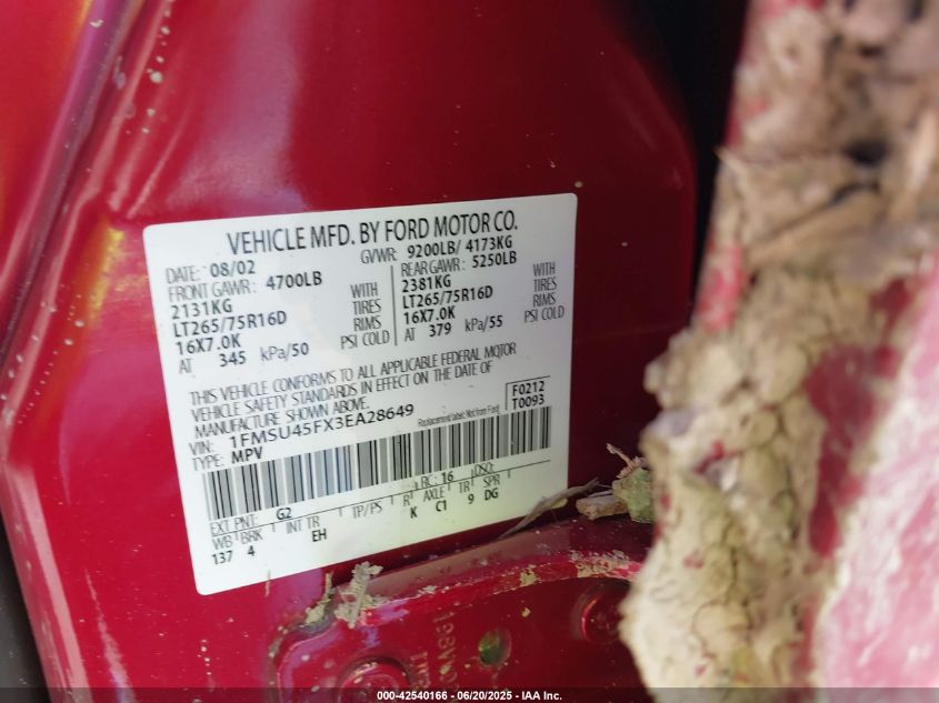 2003 Ford Excursion Eddie Bauer VIN: 1FMSU45FX3EA28649 Lot: 42540166