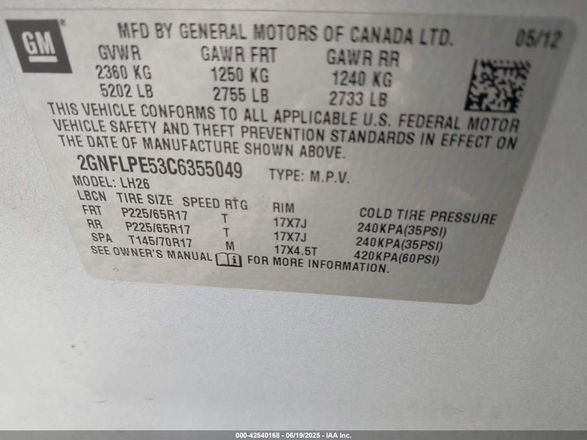 2012 CHEVROLET EQUINOX VIN: 2GNFLPE53C6355049