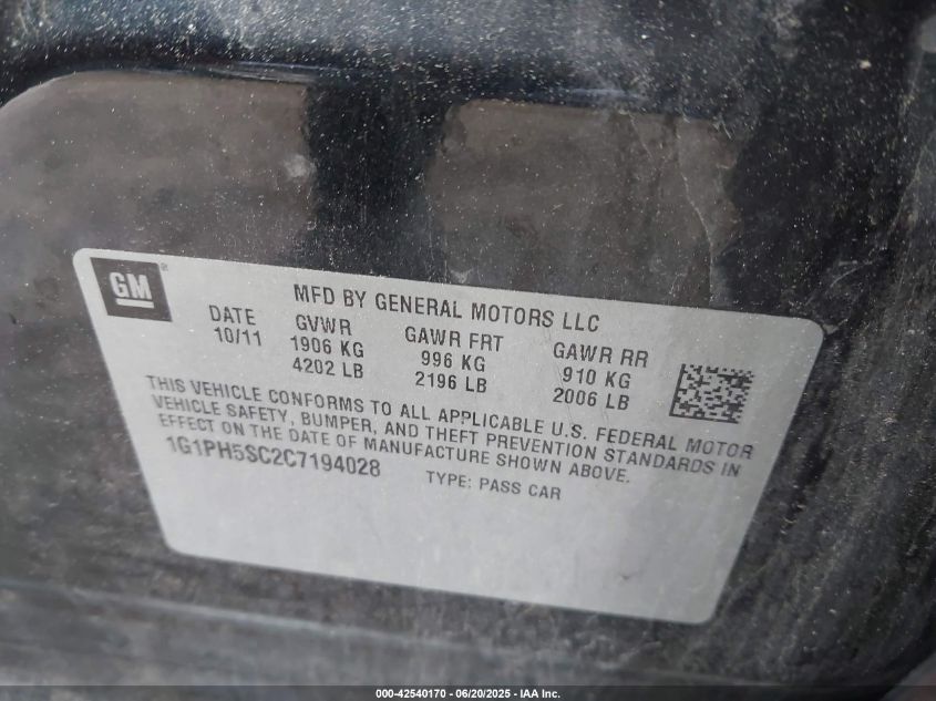 2012 Chevrolet Cruze Ltz VIN: 1G1PH5SC2C7194028 Lot: 42540170