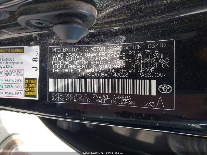 2010 Toyota Prius Ii VIN: JTDKN3DU8A0143028 Lot: 42540202