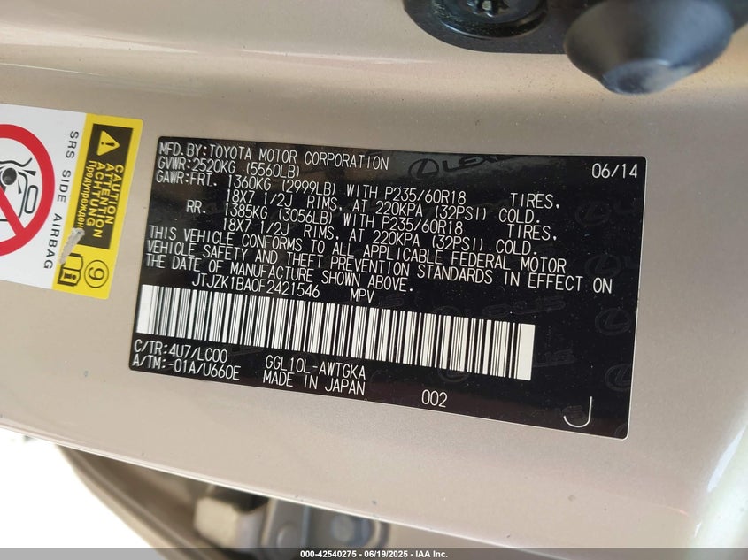 2015 Lexus Rx 350 VIN: JTJ2K1BA0F2421546 Lot: 42540275