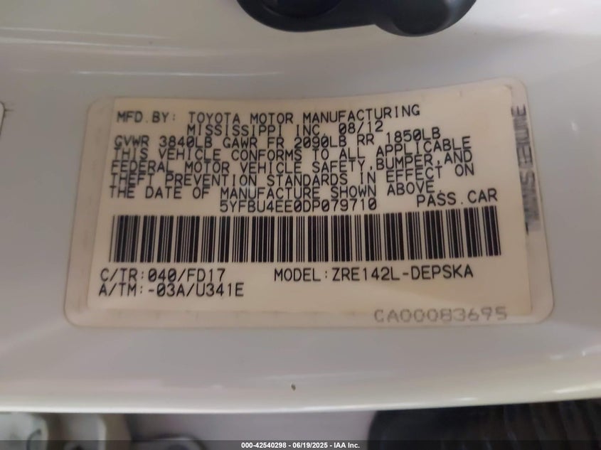 2013 TOYOTA COROLLA VIN: 5YFBU4EE0DP079710